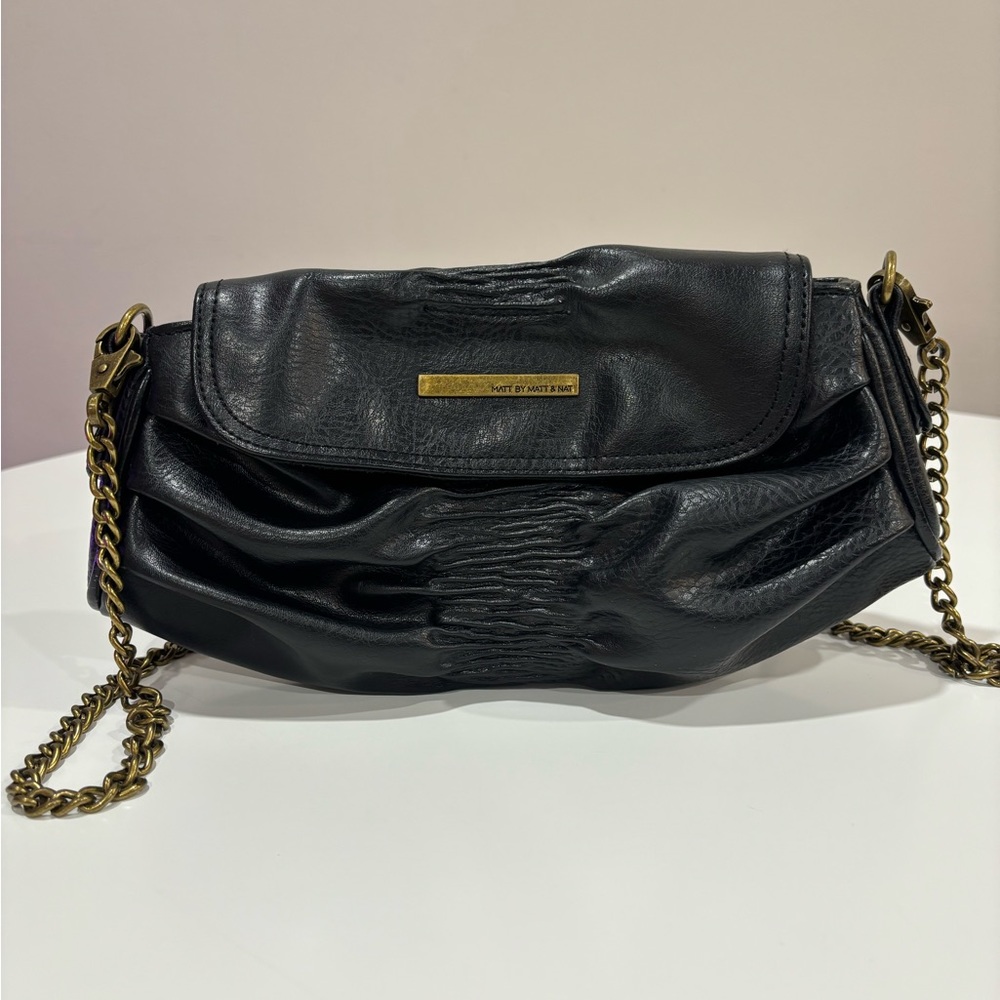 By Matt & Nat Brown Chain Link Strap Clutch Faux Vegan Leather Black Handbag